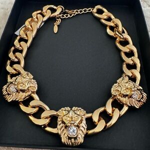 Natasha couture chunky lion head necklace choker 3 lions rhinestones gold color